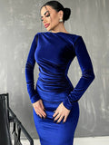 Women's New Fashion Solid Color Slim Fit Pleated Round Neck Long Sleeve Dress