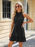 Women's new halter neck strap pleated sleeveless solid color dress