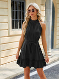 Women's new halter neck strap pleated sleeveless solid color dress