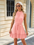 Women's new halter neck strap pleated sleeveless solid color dress