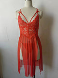 New sexy mesh see-through lace embroidered suspender nightgown slit long skirt suit