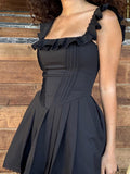 New French Style Square Neck Fishbone Corset Dress with Fungus Trim