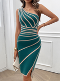 Women's striped hip-wrapped slit sweater dress