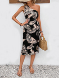 Women's holiday style off-shoulder collar plant print hip-wrapped midi dress