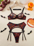 Halloween Erotic Lingerie 4 Piece Skull Printed Bat Neck Sleeve Garter Socks Set