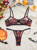 Halloween Skull Print Sexy Thong Bra Set