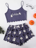 Halloween Pumpkin Print Sleeveless Camisole Top Shorts Homewear Pajama Set