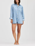 New Women's Lapel Long Sleeve Shorts Denim Jumpsuit