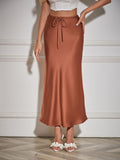 Satin Long Skirt High Waist Drawstring Tie Solid Color Halter Skirt