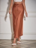 Satin Long Skirt High Waist Drawstring Tie Solid Color Halter Skirt