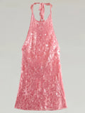 Hot Girl Sexy Sequin Halter Dress Sweet Sleeveless Backless Pink Round Neck Short Skirt