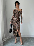 New Women's Round Neck Long Sleeve Sexy Leopard Print High Waist Hottie Dress