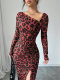 New Women's Round Neck Long Sleeve Sexy Leopard Print High Waist Hottie Dress