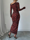 New Women's Round Neck Long Sleeve Sexy Leopard Print High Waist Hottie Dress