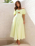 Solid color beach hollow sexy puff sleeve dress