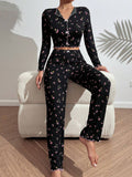 Women's home wear casual printed trousers long sleeve suit