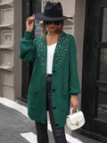 Women's dark green knitted sweater mid-length beaded sweater cardigan coat