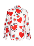 Valentine's Day Heart Print Casual Lapel Long Sleeve Shirt