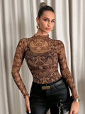 Women's Sexy Leopard Print Mesh Ruffle Bodysuit T-shirt Top