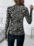 Women's Sexy Leopard Print Mesh Ruffle Bodysuit T-shirt Top