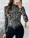 Women's Sexy Leopard Print Mesh Ruffle Bodysuit T-shirt Top