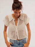 New style cardigan short sleeve loose lapel fashionable solid color hollow women's knitted sweater