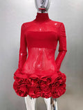 Sexy see-through mesh flower bud skirt ultra-short red dress sexy hot birthday party dress