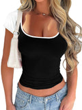 Y2K Sexy Slim Fit U-Neck Contrast Color Short Sleeve Top Women's T-Shirt