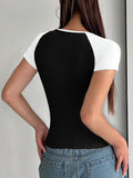 Y2K Sexy Slim Fit U-Neck Contrast Color Short Sleeve Top Women's T-Shirt