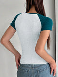 Y2K Sexy Slim Fit U-Neck Contrast Color Short Sleeve Top Women's T-Shirt