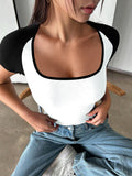 Y2K Sexy Slim Fit U-Neck Contrast Color Short Sleeve Top Women's T-Shirt