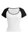 Y2K Sexy Slim Fit U-Neck Contrast Color Short Sleeve Top Women's T-Shirt