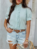 Casual Solid Color Button Cardigan Lace Short Sleeve Shirt