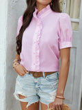 Casual Solid Color Button Cardigan Lace Short Sleeve Shirt