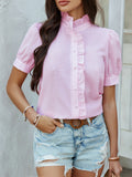 Casual Solid Color Button Cardigan Lace Short Sleeve Shirt