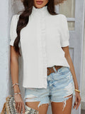 Casual Solid Color Button Cardigan Lace Short Sleeve Shirt