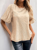 Puff Sleeve Round Neck Solid Color Sequin T-Shirt