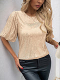 Puff Sleeve Round Neck Solid Color Sequin T-Shirt