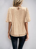 Puff Sleeve Round Neck Solid Color Sequin T-Shirt