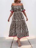 Leopard print dress with ruffled sleeves and boat neckline