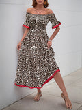 Leopard print dress with ruffled sleeves and boat neckline