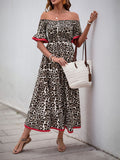 Leopard print dress with ruffled sleeves and boat neckline