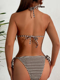 Sexy Checkerboard Lace Halter Neck Bow Bikini