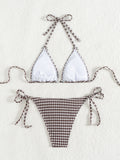 Sexy Checkerboard Lace Halter Neck Bow Bikini