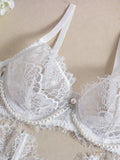 Sexy Bra Handmade Pearl Removable Fishbone Waist Eyelash Lace Bra Set