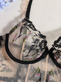 See-through lace embroidery sexy underwear girdle fishbone sexy underwear 2-piece set