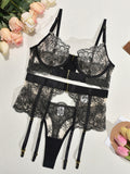Sexy Embroidered Metal Button Sexy Transparent Lingerie Set