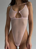Mesh see-through chest iron ring hollow design jumpsuit