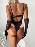 Sexy See-through Simple Slim Hip-Lifting Feather Splicing Bodysuit