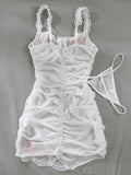 Sexy suspender dress embroidered flowers mesh see-through pleated two-piece set